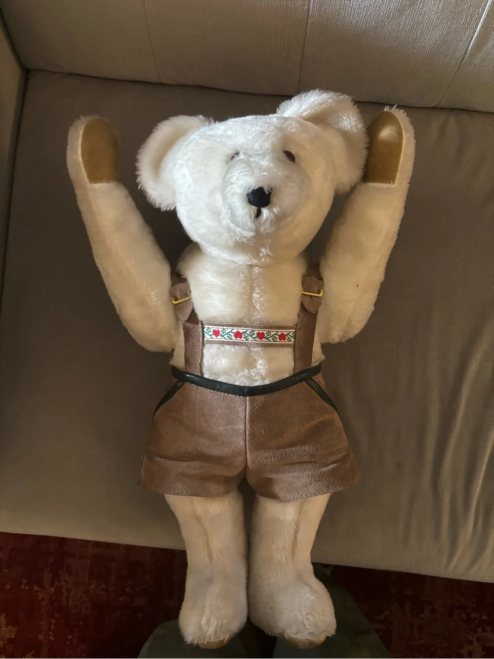 Vintage Carrousel Teddy Bear Signed Lederhosen Bavarian Wind Up Musical Large